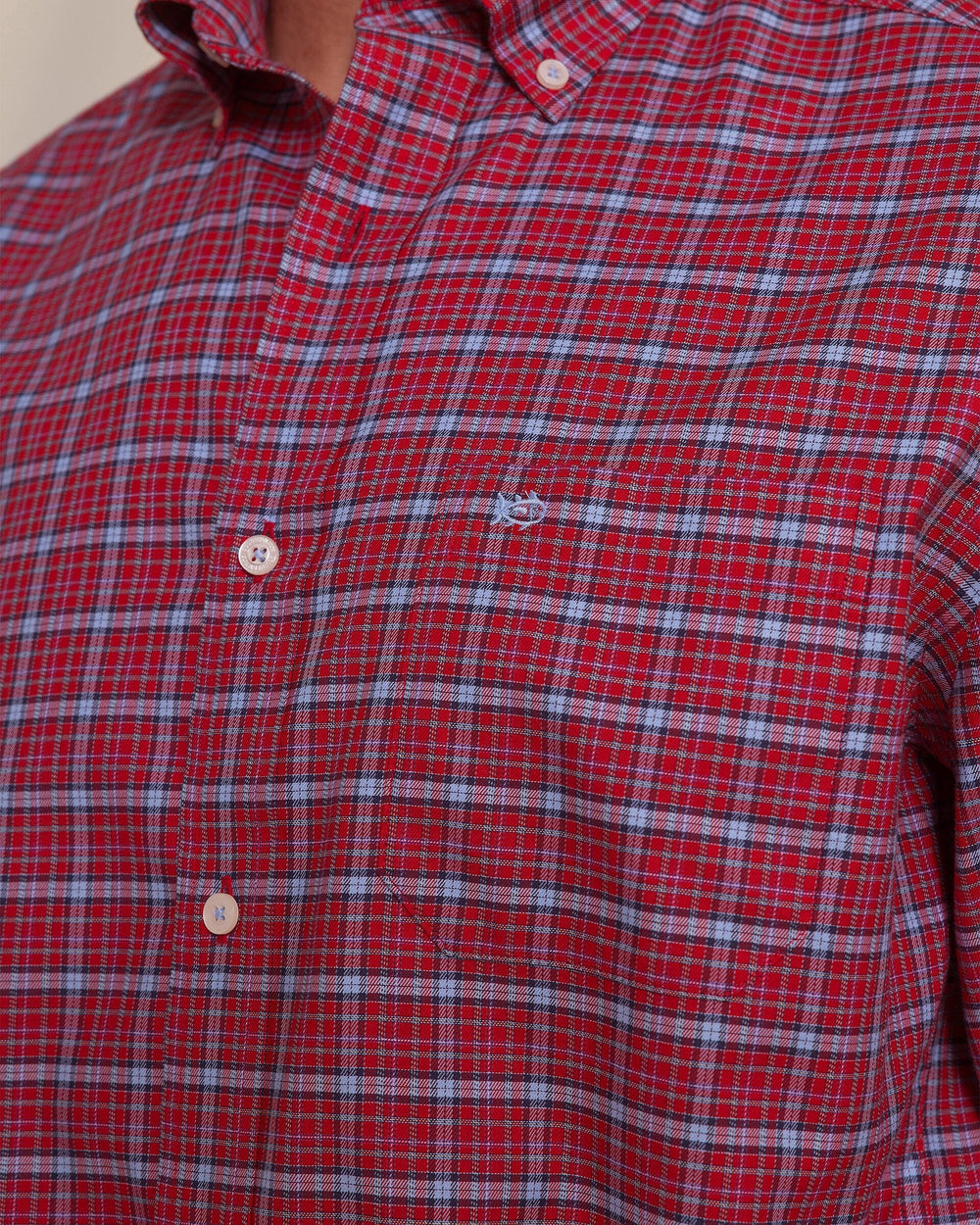 The detail view of the Southern Tide Chimney Creek Skipjack Sport Shirt by Southern Tide - Salsa Red