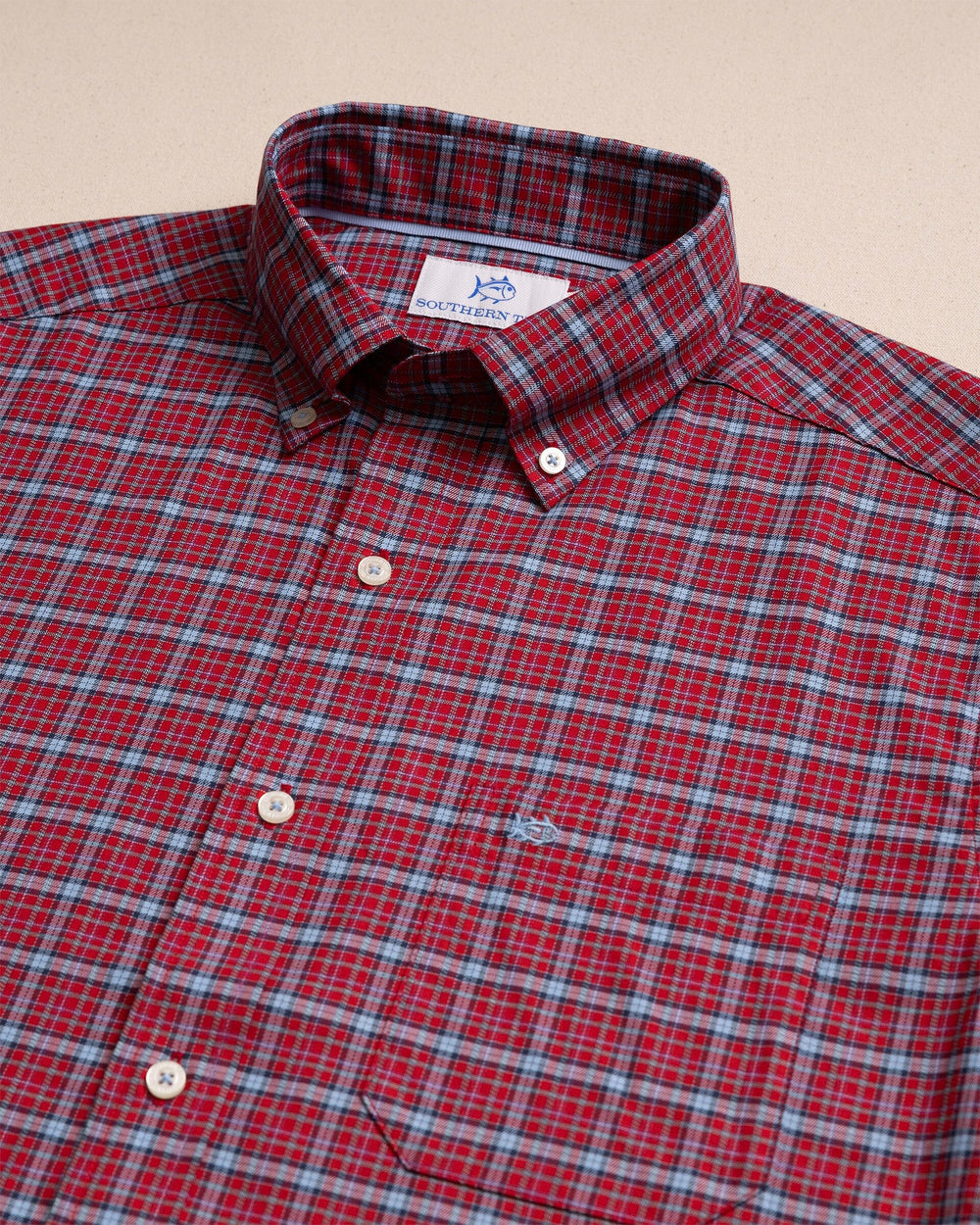 The detail view of the Southern Tide Chimney Creek Skipjack Sport Shirt by Southern Tide - Salsa Red