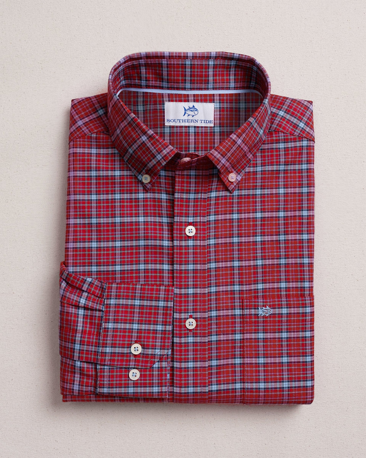 The front view of the Southern Tide Chimney Creek Skipjack Sport Shirt by Southern Tide - Salsa Red