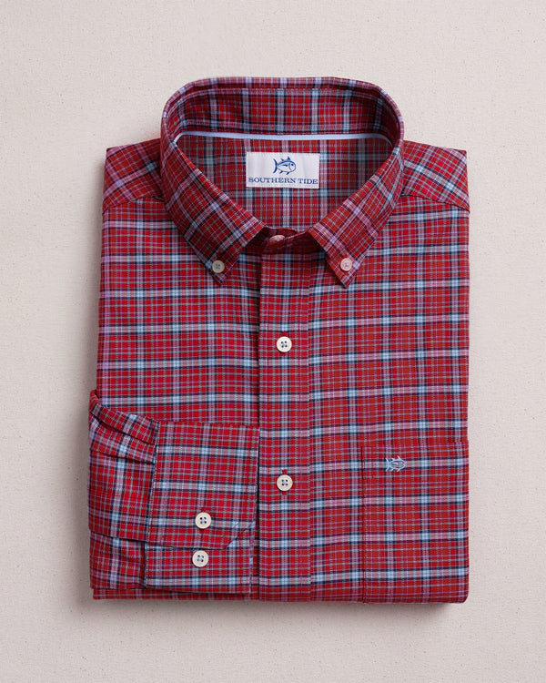 The front view of the Southern Tide Chimney Creek Skipjack Sport Shirt by Southern Tide - Salsa Red