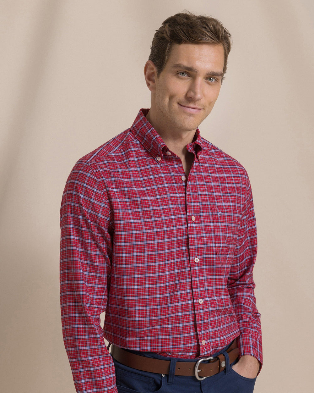 The front view of the Southern Tide Chimney Creek Skipjack Sport Shirt by Southern Tide - Salsa Red