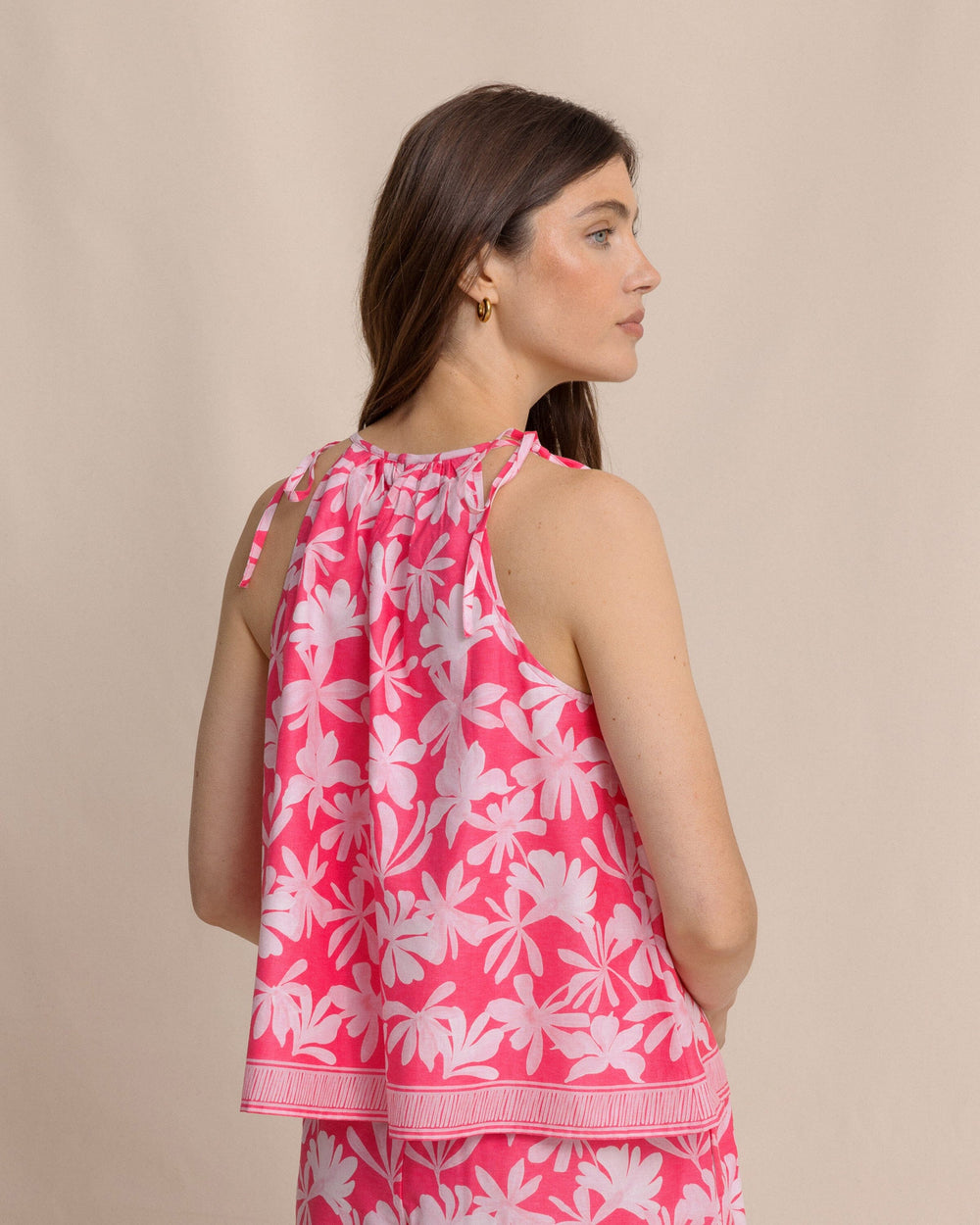 The back view of the Southern Tide Chrissy Tie Shoulder Printed Top by Southern Tide - Fandango Pink