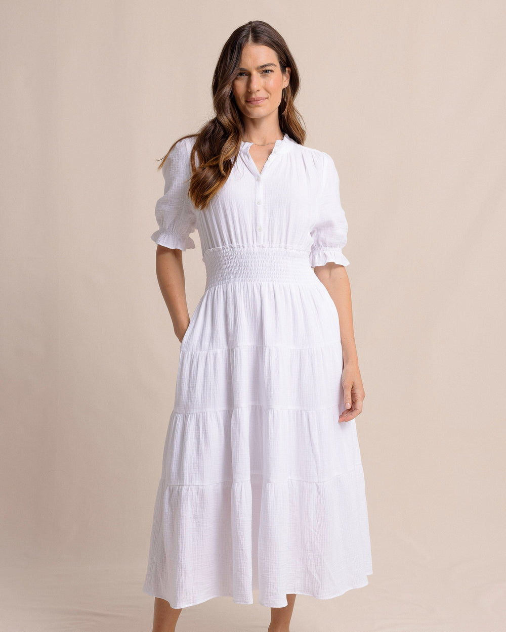 The front view of the Southern Tide Christa Short Sleeve Maxi Dress by Southern Tide - Classic White