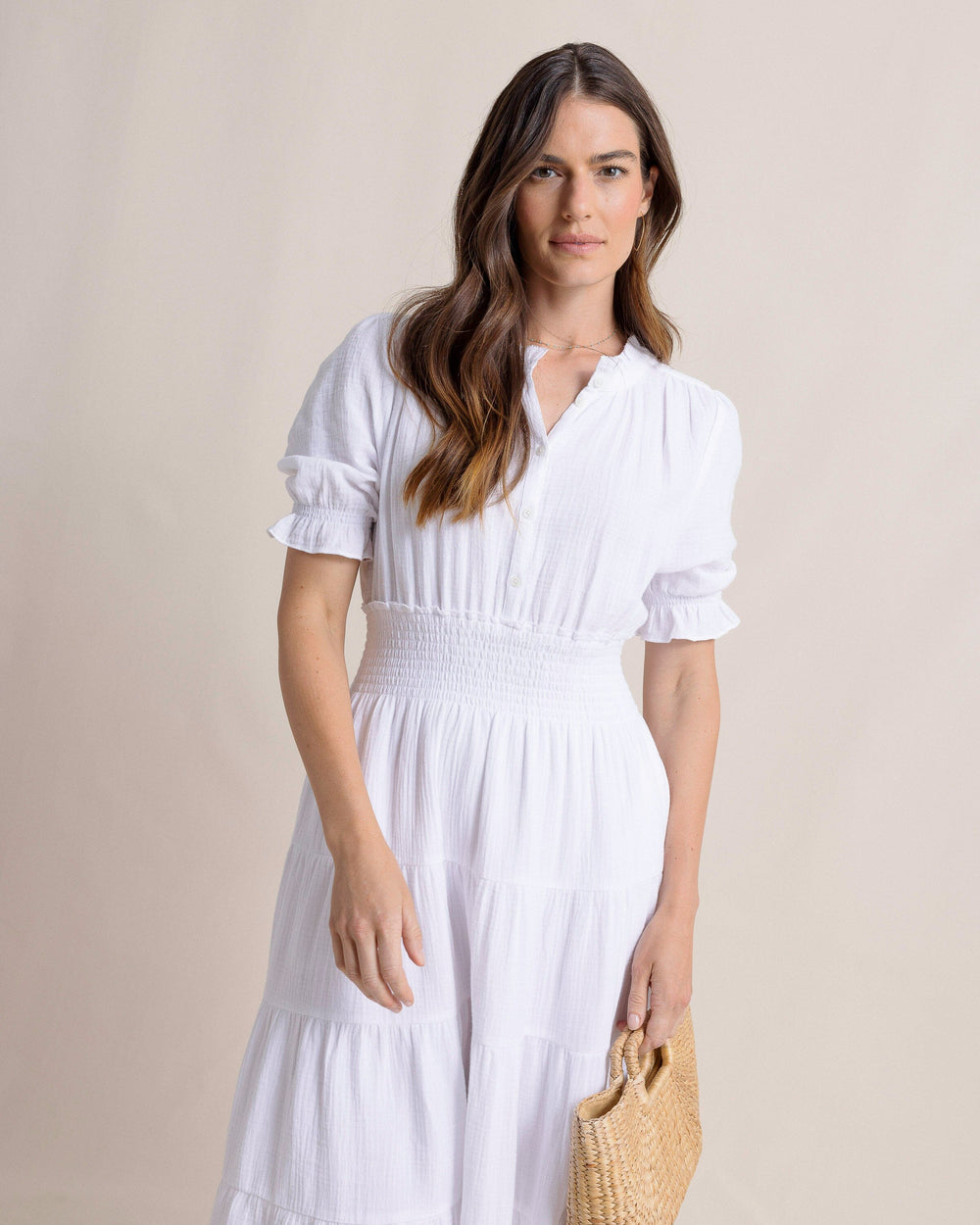 The front detail of the Southern Tide Christa Short Sleeve Maxi Dress by Southern Tide - Classic White