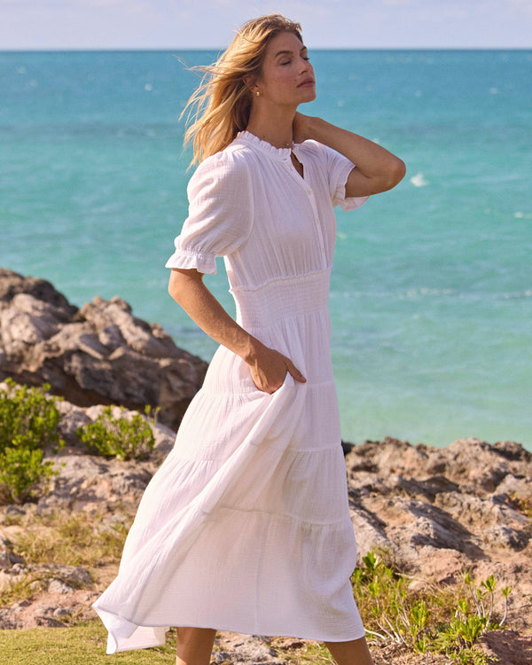 The lifestyle view of the Southern Tide Christa Short Sleeve Maxi Dress by Southern Tide - Classic White