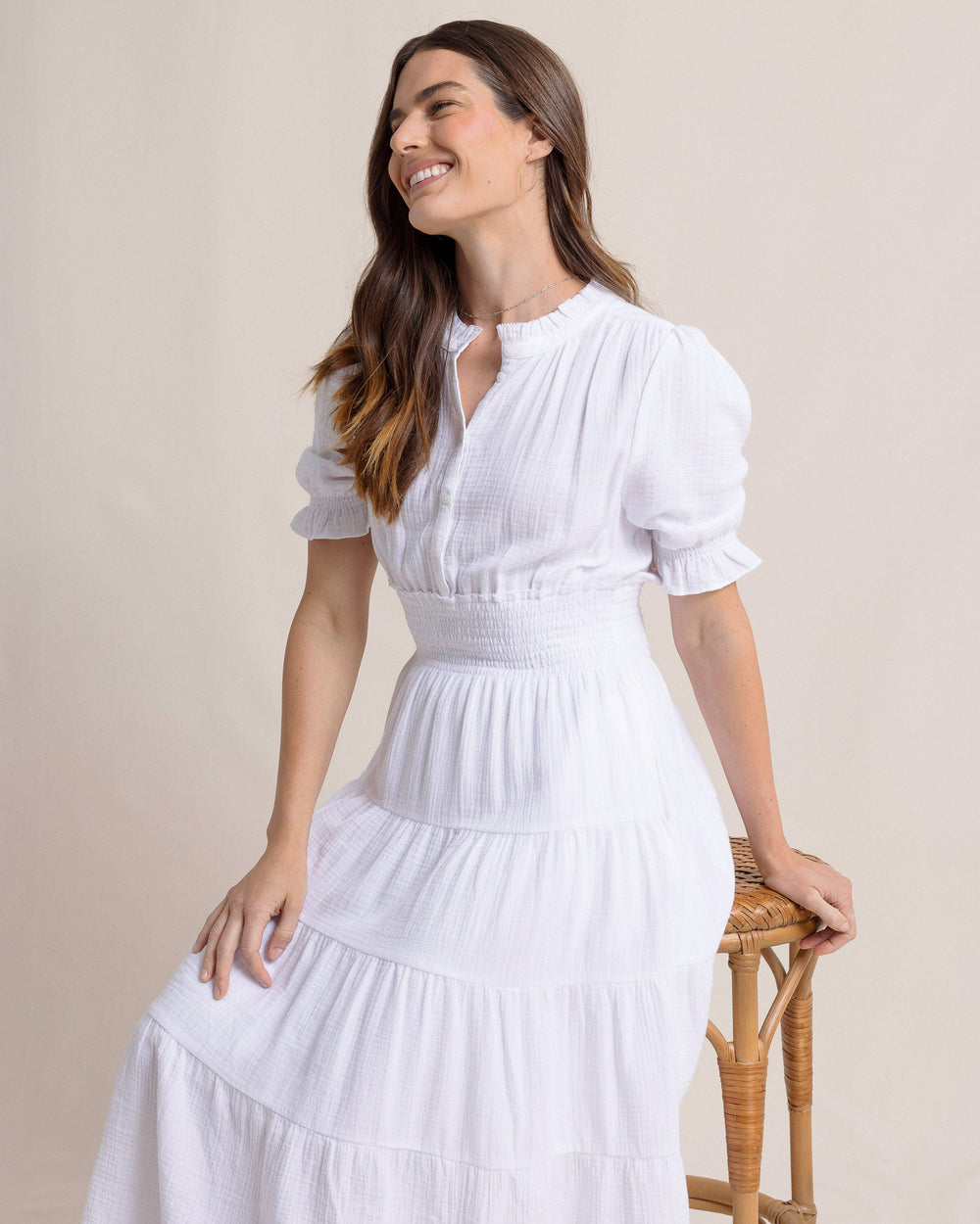 The side angle view of the Southern Tide Christa Short Sleeve Maxi Dress by Southern Tide - Classic White