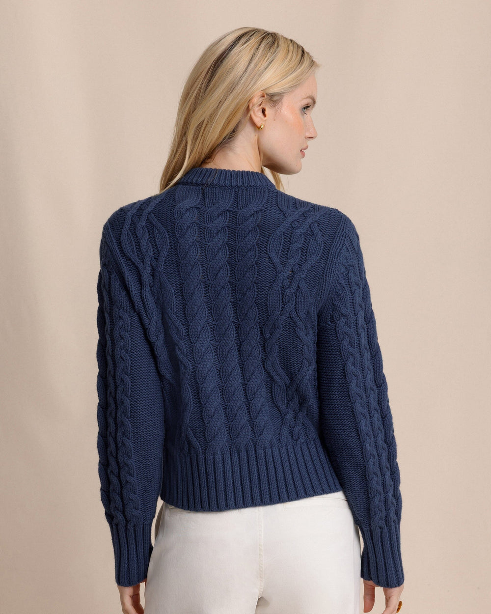 The back view of the Southern Tide Clarke Cable Knit Cardigan by Southern Tide - Dress Blue