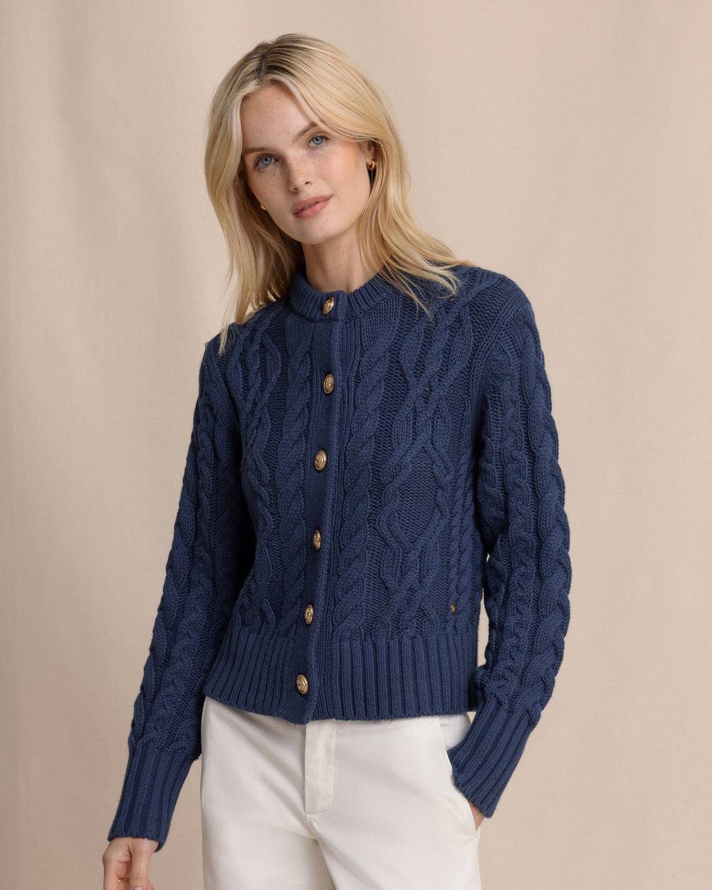 The front view of the Southern Tide Clarke Cable Knit Cardigan by Southern Tide - Dress Blue