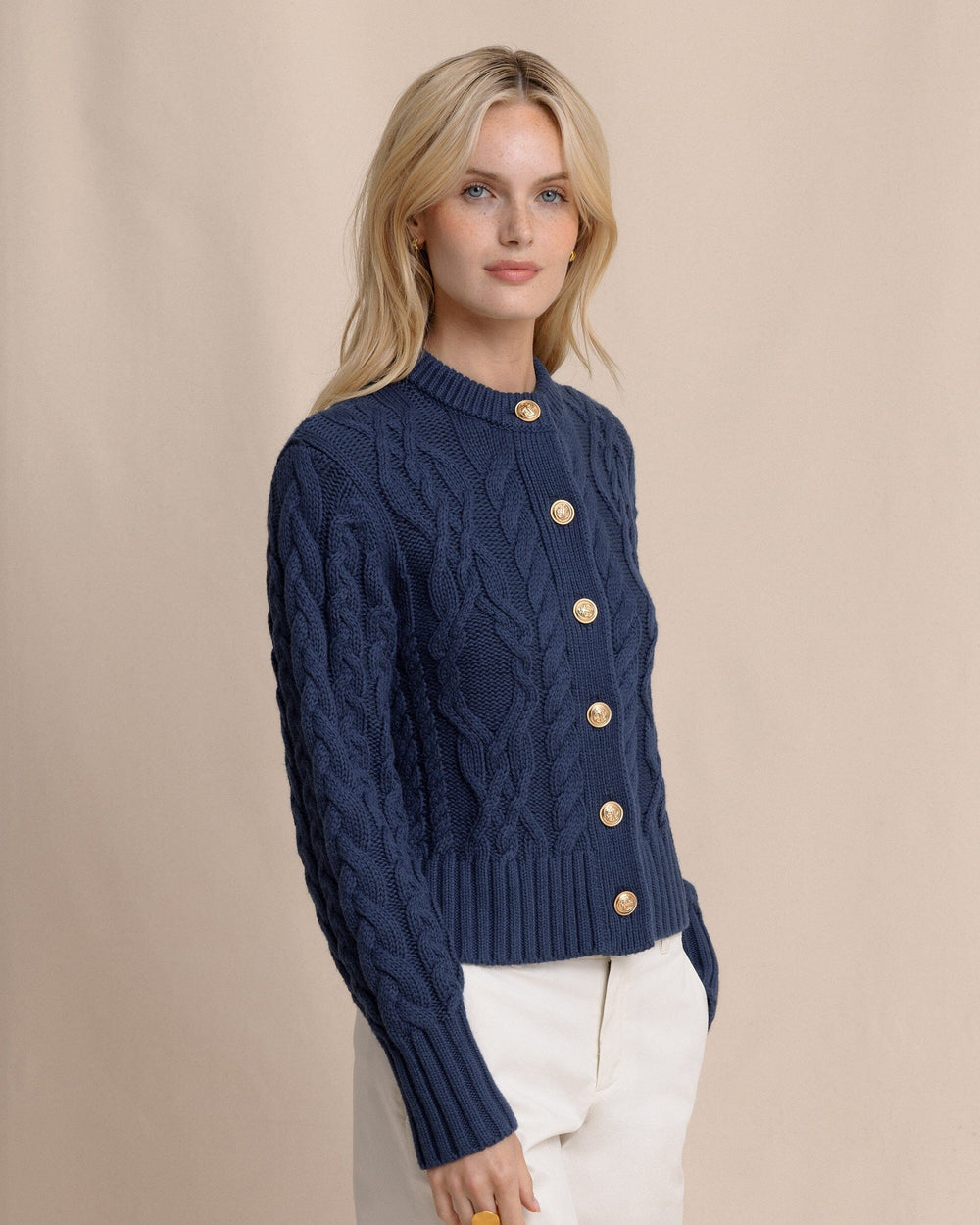 The side view of the Southern Tide Clarke Cable Knit Cardigan by Southern Tide - Dress Blue