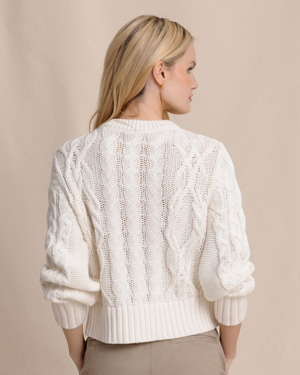The back view of the Southern Tide Clarke Cable Knit Cardigan by Southern Tide - Sand White