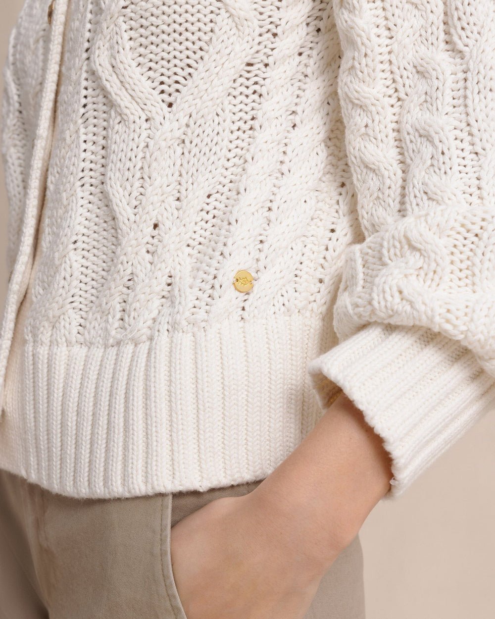 The detail view of the Southern Tide Clarke Cable Knit Cardigan by Southern Tide - Sand White