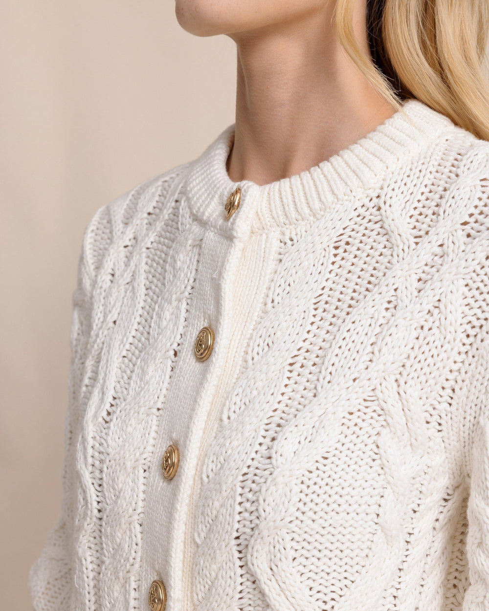 The detail view of the Southern Tide Clarke Cable Knit Cardigan by Southern Tide - Sand White