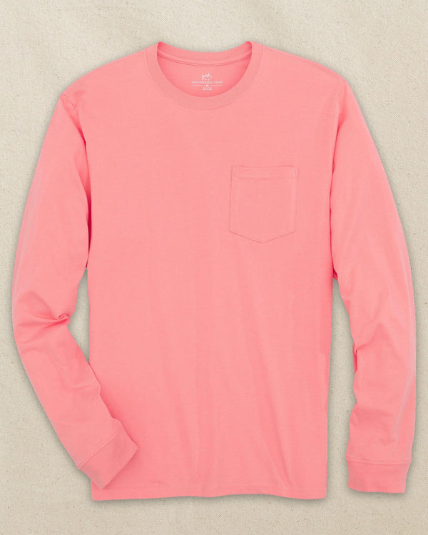 The front view of the Southern Tide Classic Long Sleeve Pocket T-Shirt in Light Coral by Southern Tide - Light Coral
