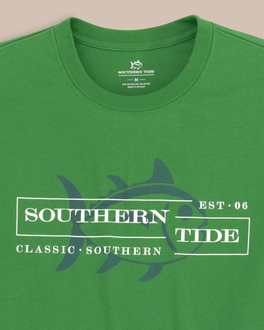 The detail view of the Southern Tide Classic Southern Heather Short Sleeve T-Shirt by Southern Tide - Heather Foliage Green