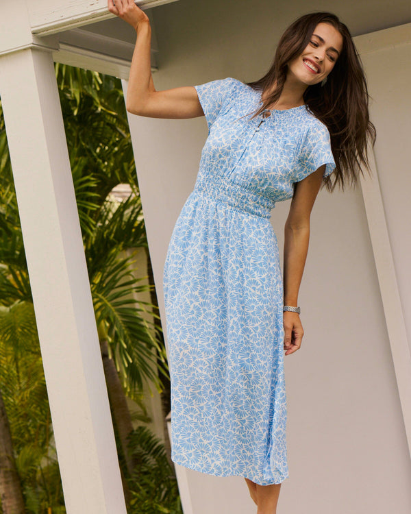 The lifestyle view of the Southern Tide Clementine Flutter Sleeve Midi Dress by Southern Tide - Ocean Channel