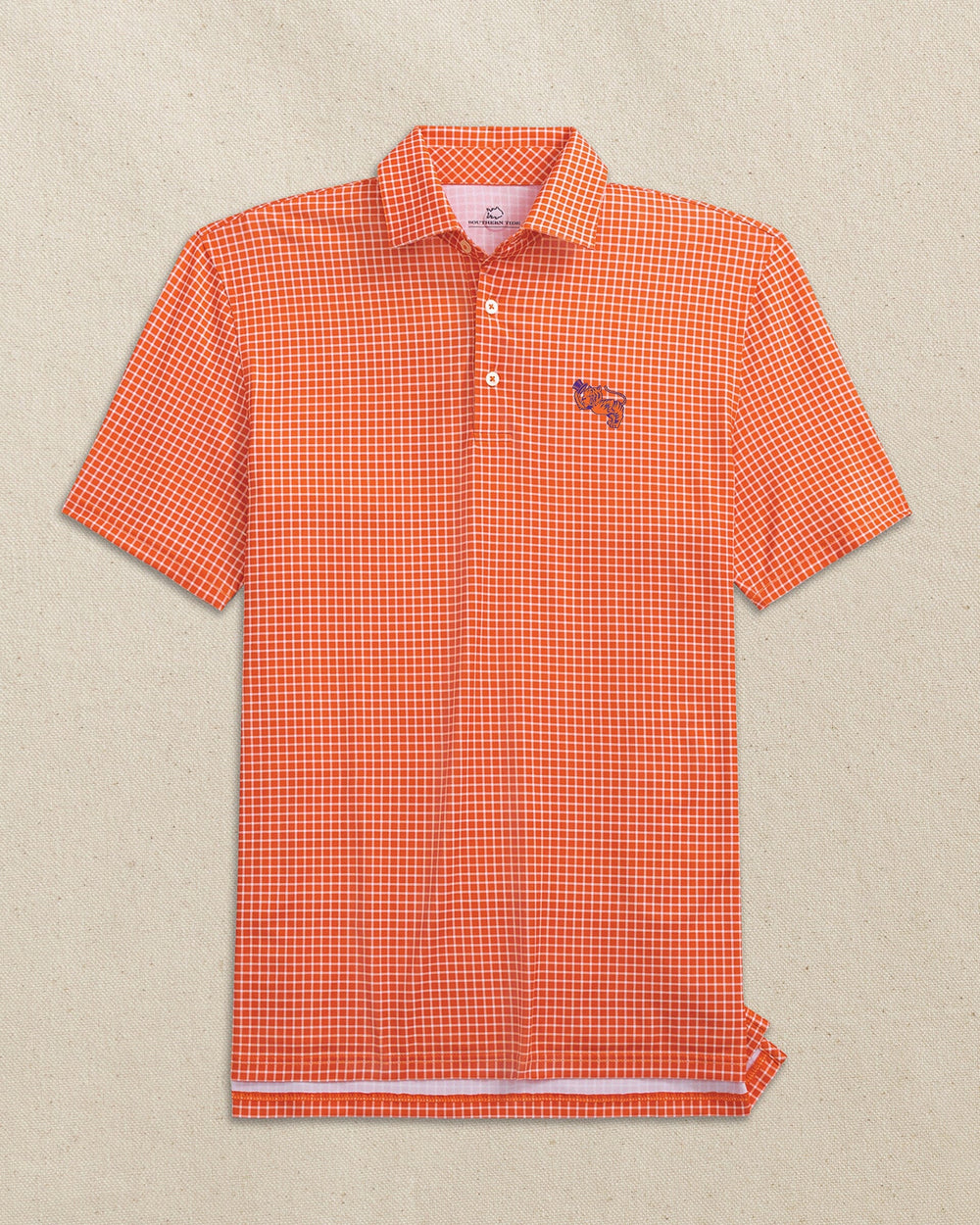 The front view of the Southern Tide Clemson Gentleman Tiger Driver Dunes Edge Plaid Polo by Southern Tide - Endzone Orange