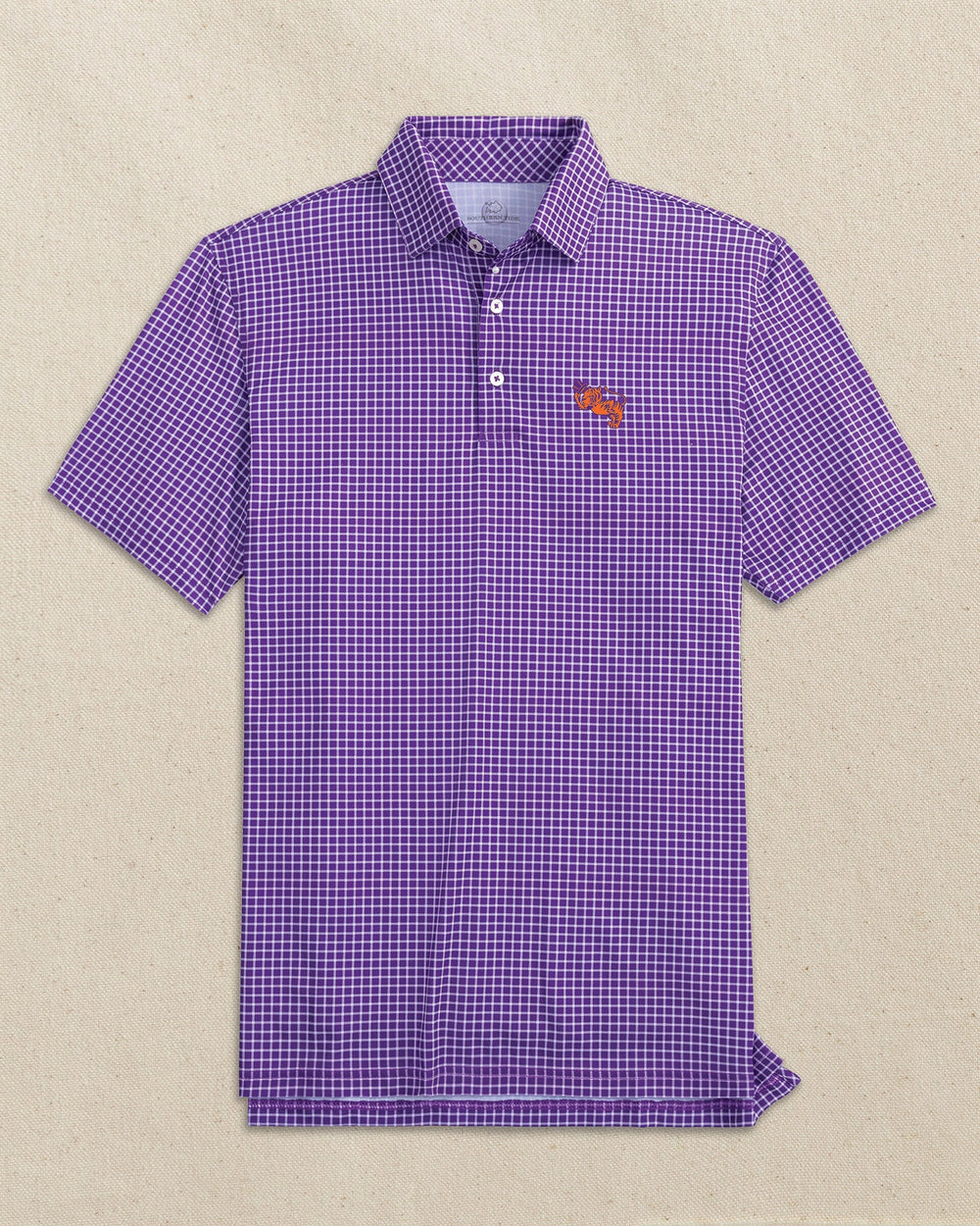 The front view of the Southern Tide Clemson Gentleman Tiger Driver Dunes Edge Plaid Polo by Southern Tide - Regal Purple