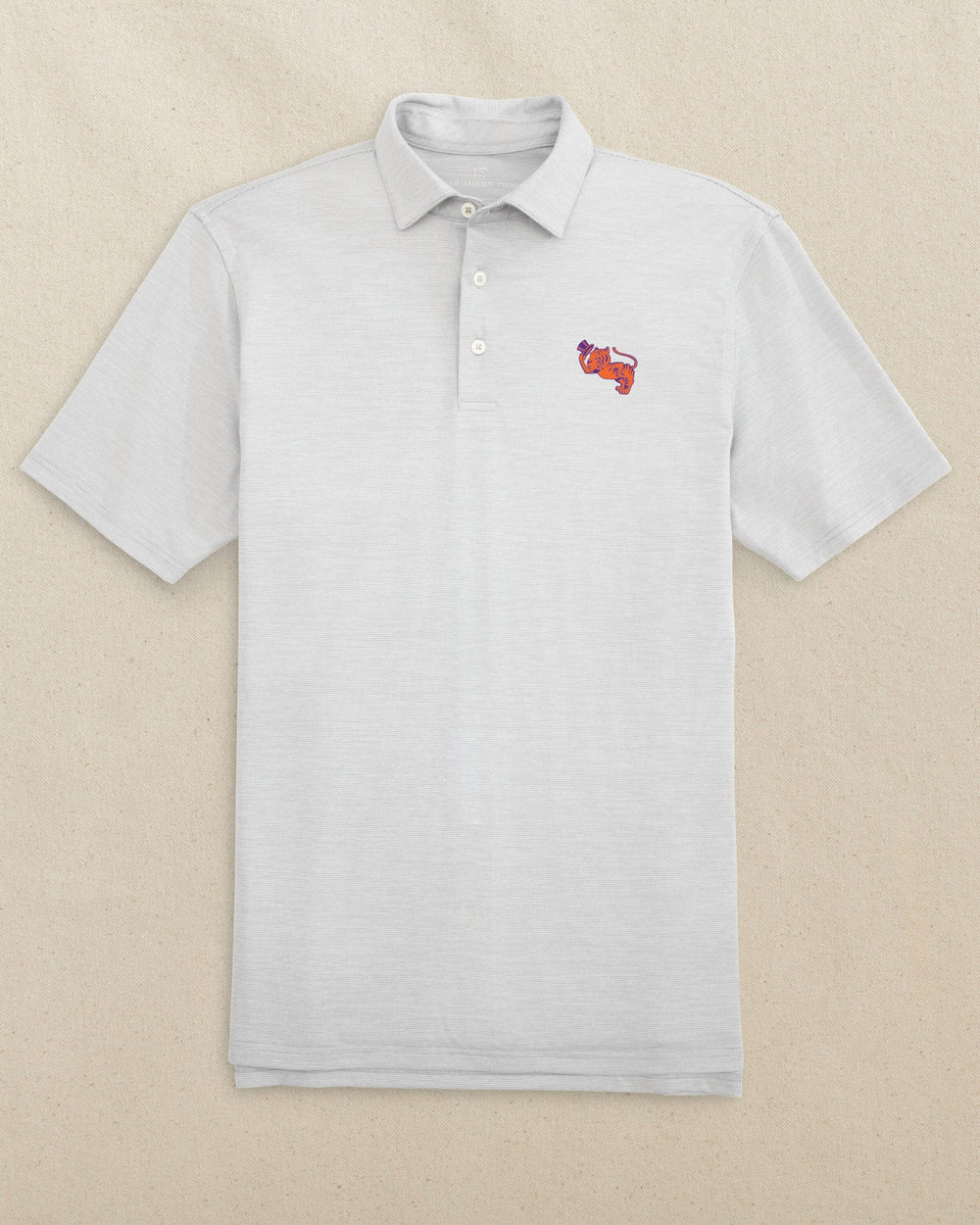 The front view of the Southern Tide Clemson Gentleman Tiger Driver Spacedye Polo by Southern Tide - Slate Grey