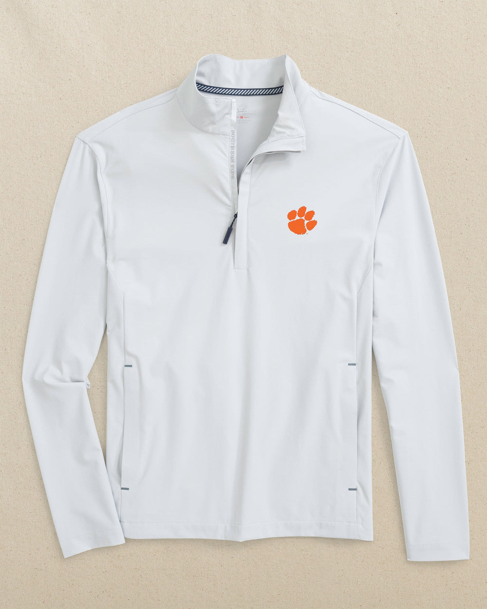 The front view of the Southern Tide Clemson Tigers Avondale Performance Jacket by Southern Tide - Platinum Grey