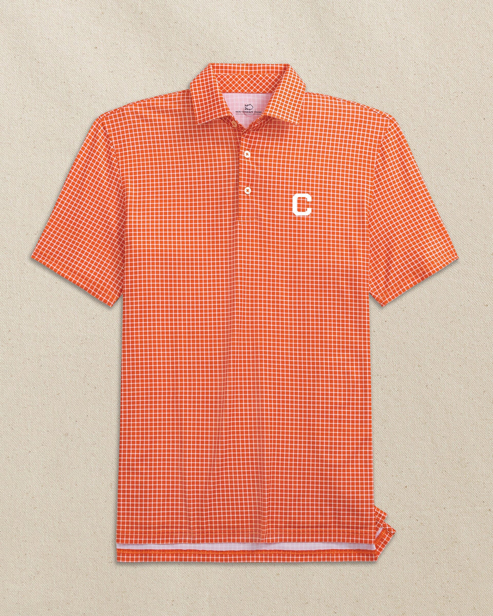 The front view of the Southern Tide Clemson Tigers Block C Driver Dunes Edge Plaid Polo by Southern Tide - Endzone Orange