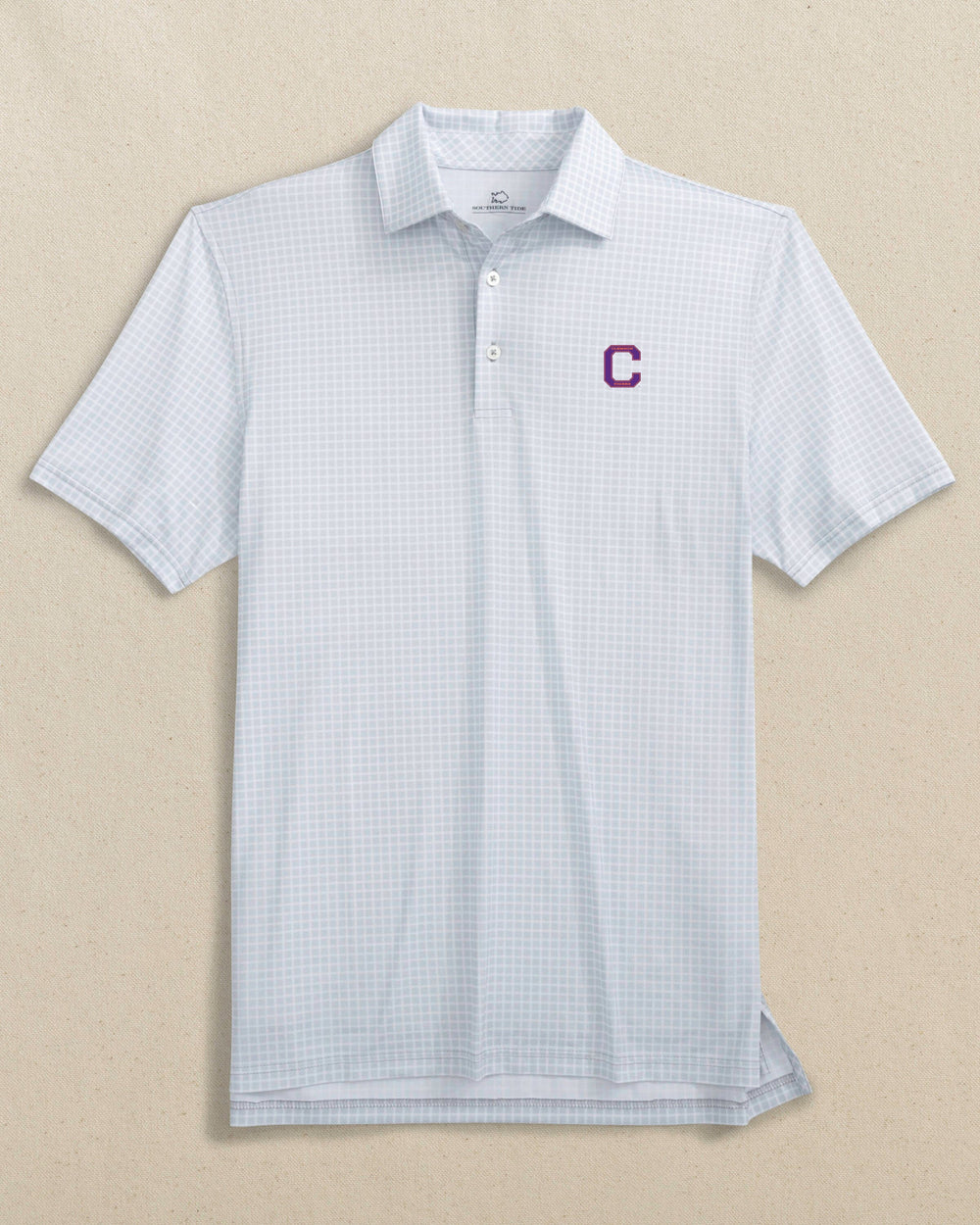 The front view of the Southern Tide Clemson Tigers Block C Driver Dunes Edge Plaid Polo by Southern Tide - Slate Grey