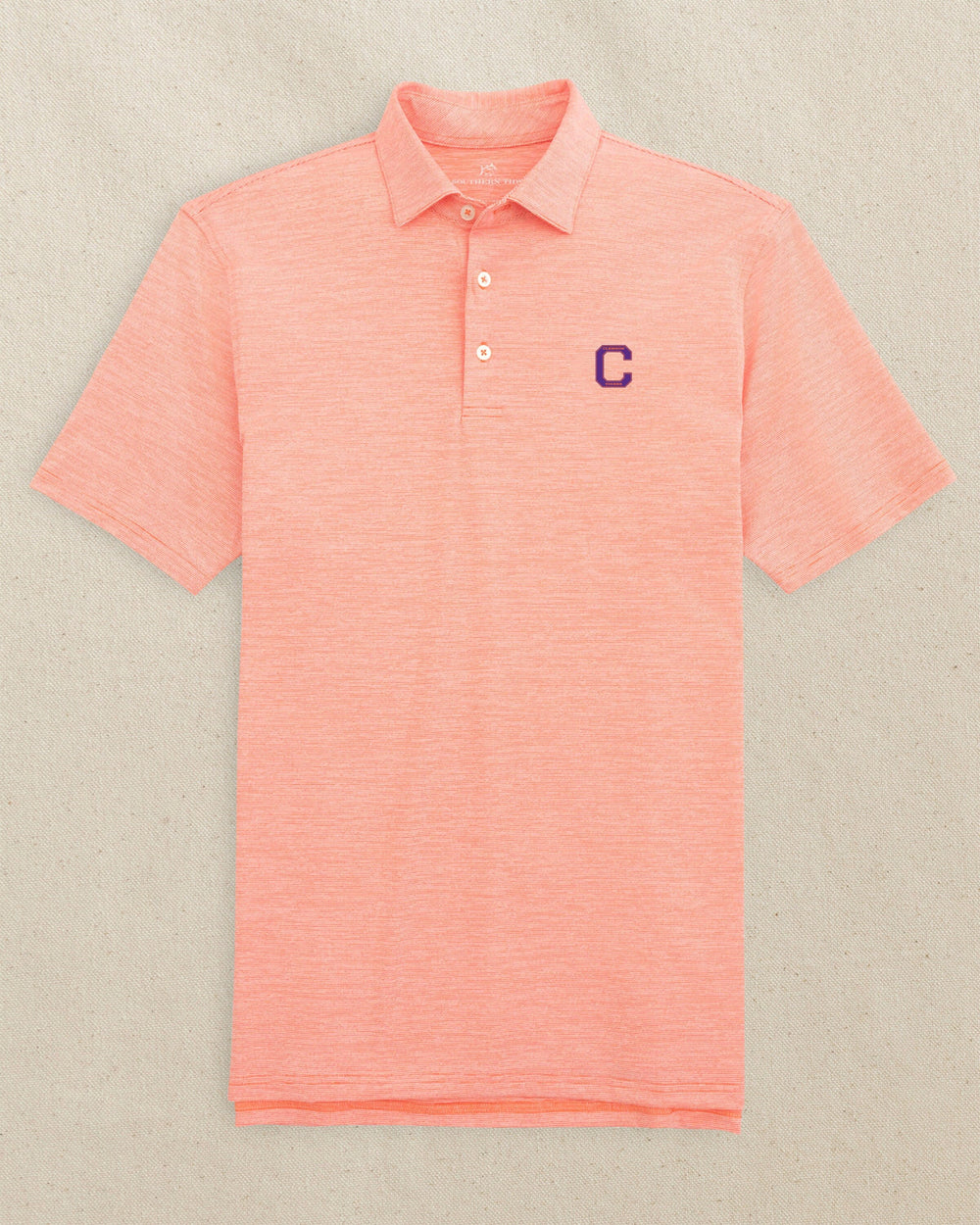 The front view of the Southern Tide Clemson Tigers Block C Driver Spacedye Polo by Southern Tide - Endzone Orange