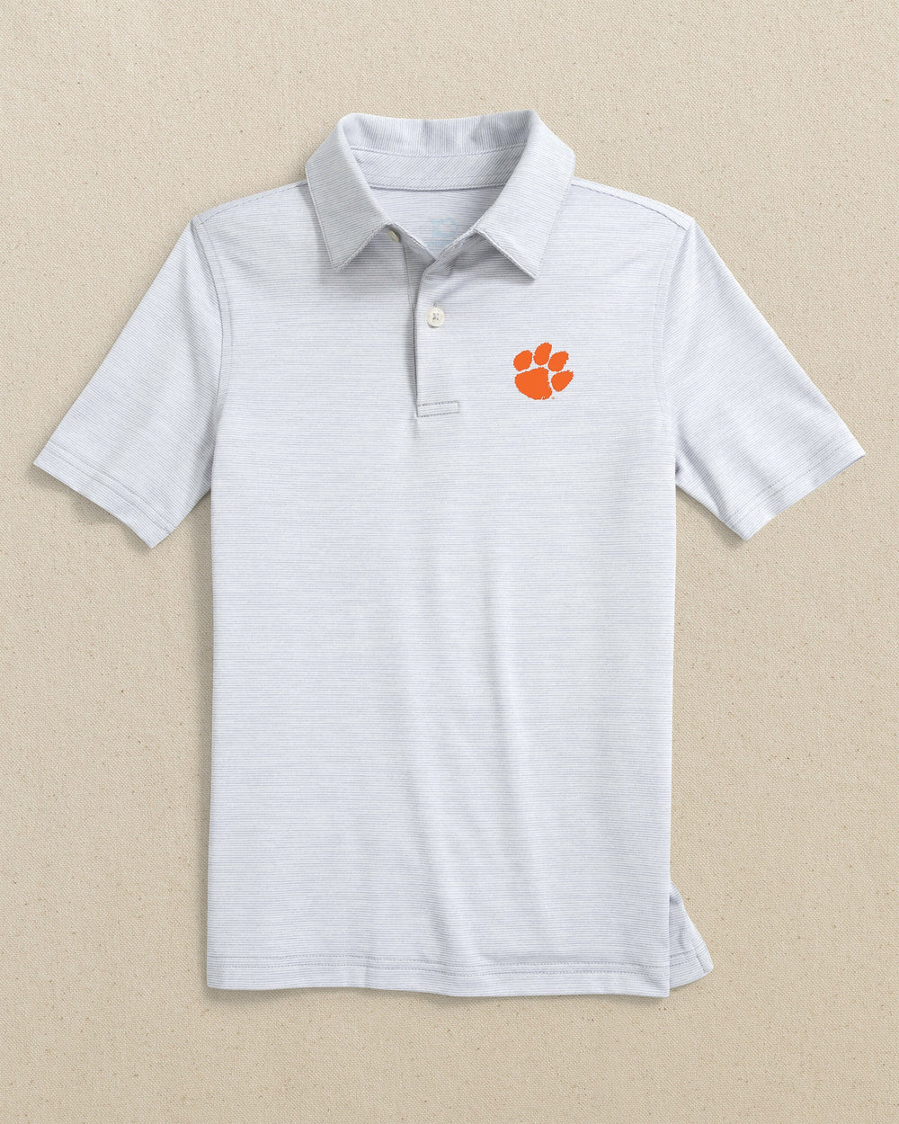 The front view of the Southern Tide Clemson Tigers Boys Driver Spacedye Polo Shirt by Southern Tide - Slate Grey