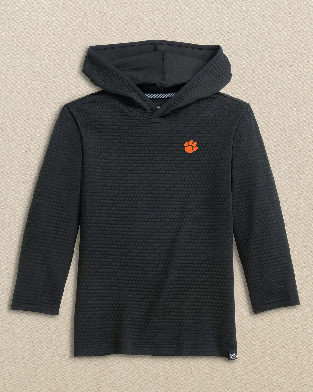The front view of the Southern Tide Clemson Tigers Boys Scuttle Hoodie by Southern Tide - Caviar Black