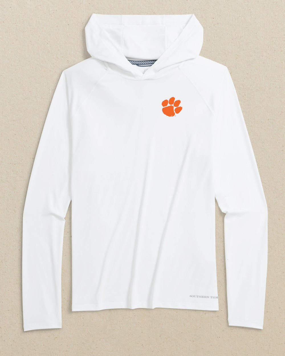 The front view of the Southern Tide Clemson Tigers brrr°®-illiant Performance Hoodie by Southern Tide - Classic White