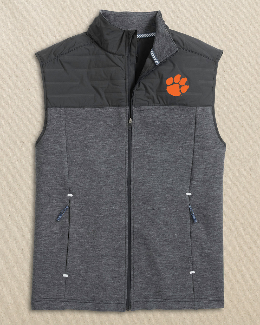 The front view of the Southern Tide Clemson Tigers Coligny Quilted Vest by Southern Tide - Caviar Black