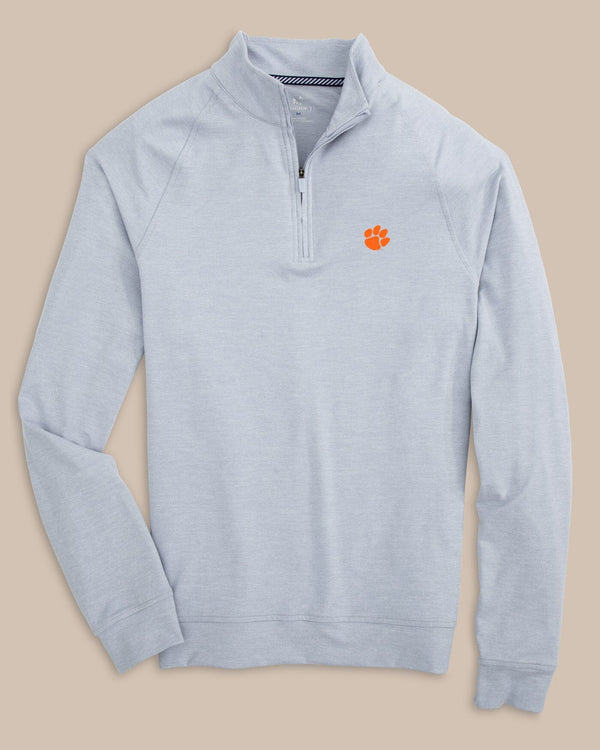 The front view of the Clemson Tigers Cruiser Heather Quarter Zip Pullover by Southern Tide - Heather Slate Grey