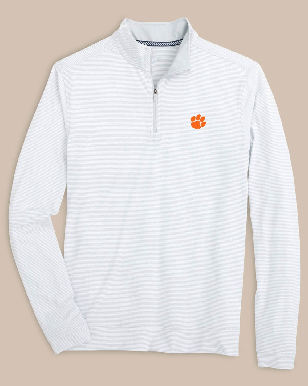 The front view of the Southern Tide Clemson Tigers Cruiser Micro-Stripe Heather Quarter Zip by Southern Tide - Heather Slate Grey