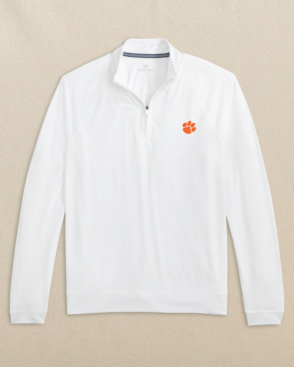 The front view of the Southern Tide Clemson Tigers Cruiser Quarter Zip by Southern Tide - Classic White