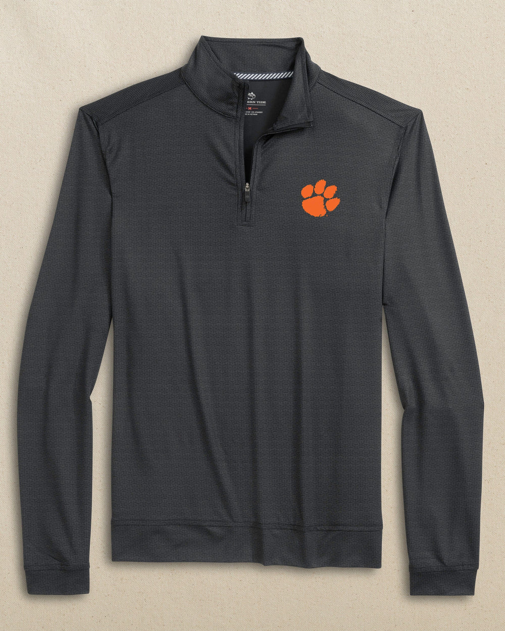 The front view of the Southern Tide Clemson Tigers Cruiser ST Geo Printed Quarter Zip by Southern Tide - Caviar Black