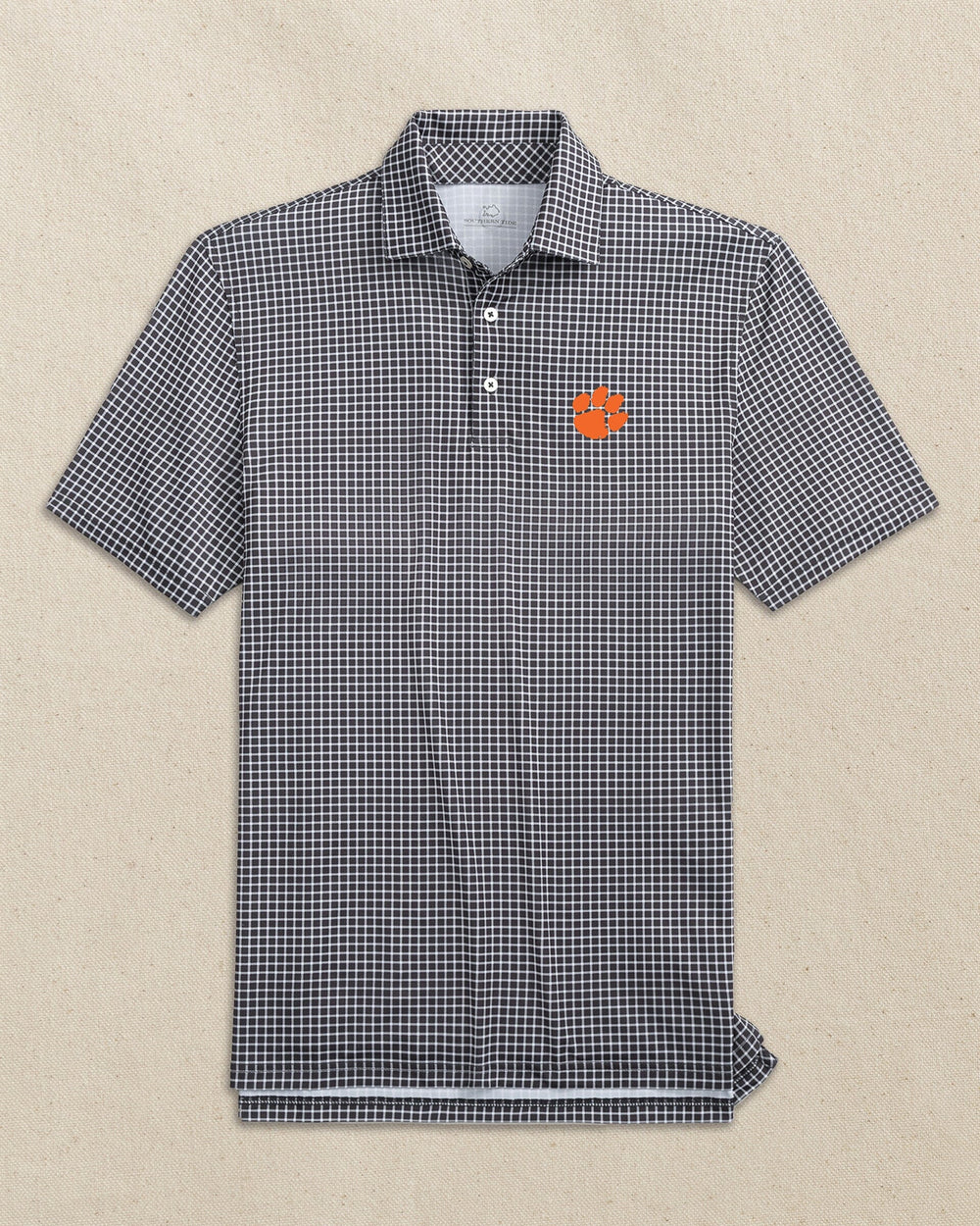 The front view of the Southern Tide Clemson Tigers Driver Dunes Edge Plaid Polo by Southern Tide - Black