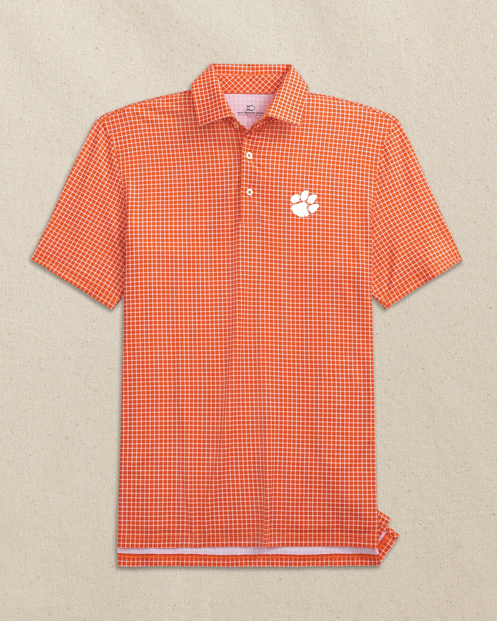 The front view of the Southern Tide Clemson Tigers Driver Dunes Edge Plaid Polo by Southern Tide - Endzone Orange