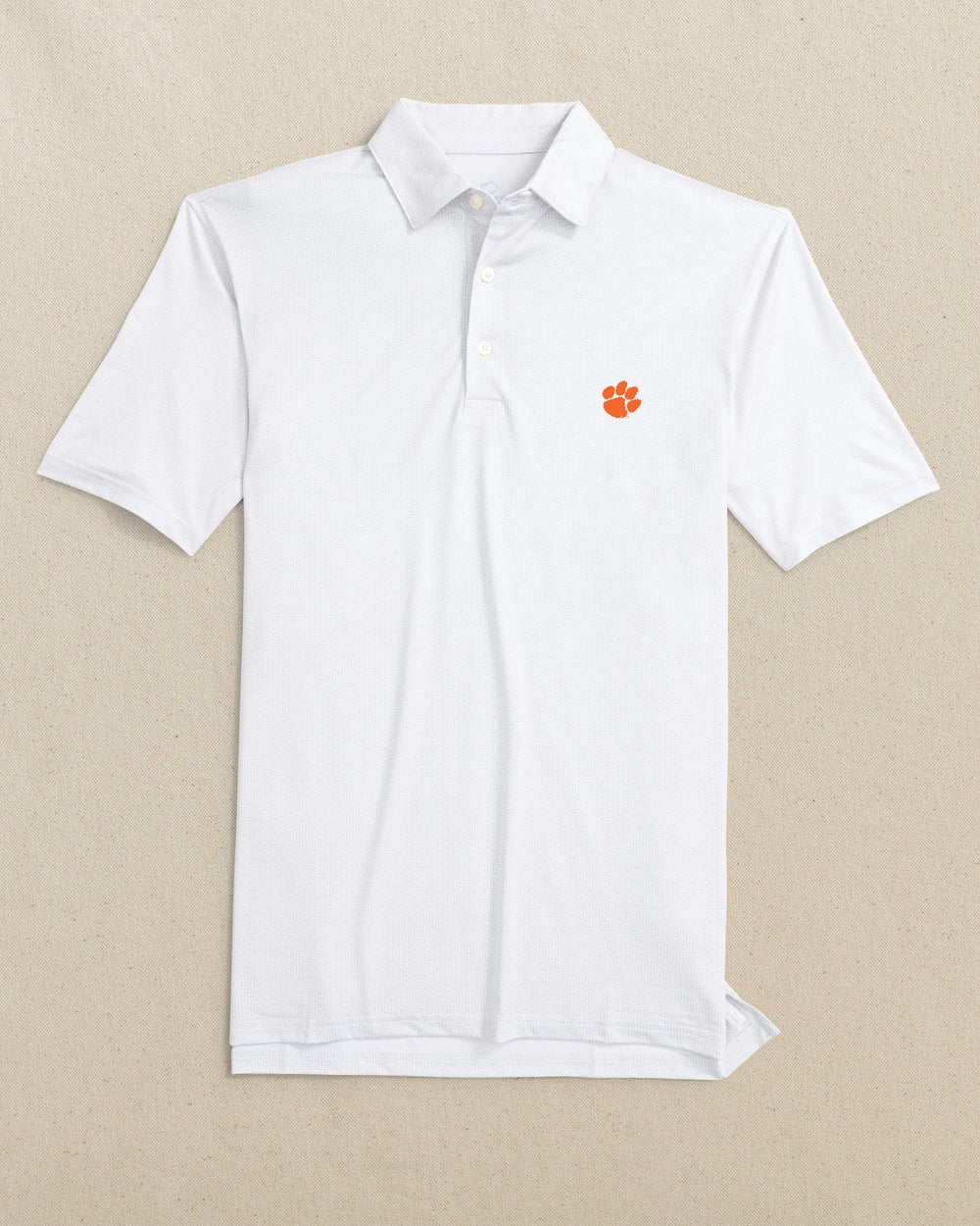 The front view of the Southern Tide Clemson Tigers Driver ST Geo Printed Polo by Southern Tide - Classic White
