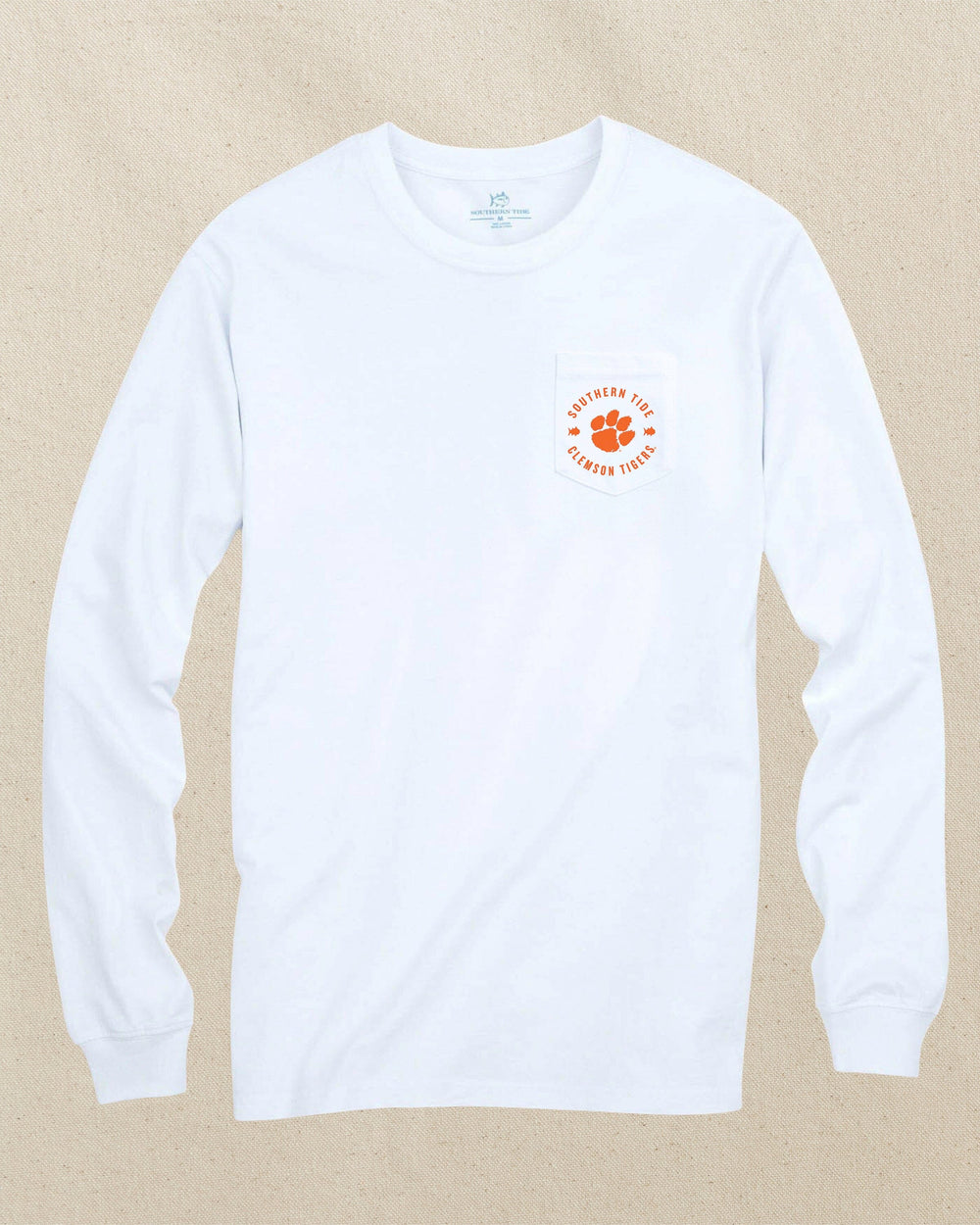 The front view of the Southern Tide Clemson Tigers Gameday Bonfire Long Sleeve T-Shirt by Southern Tide - Classic White