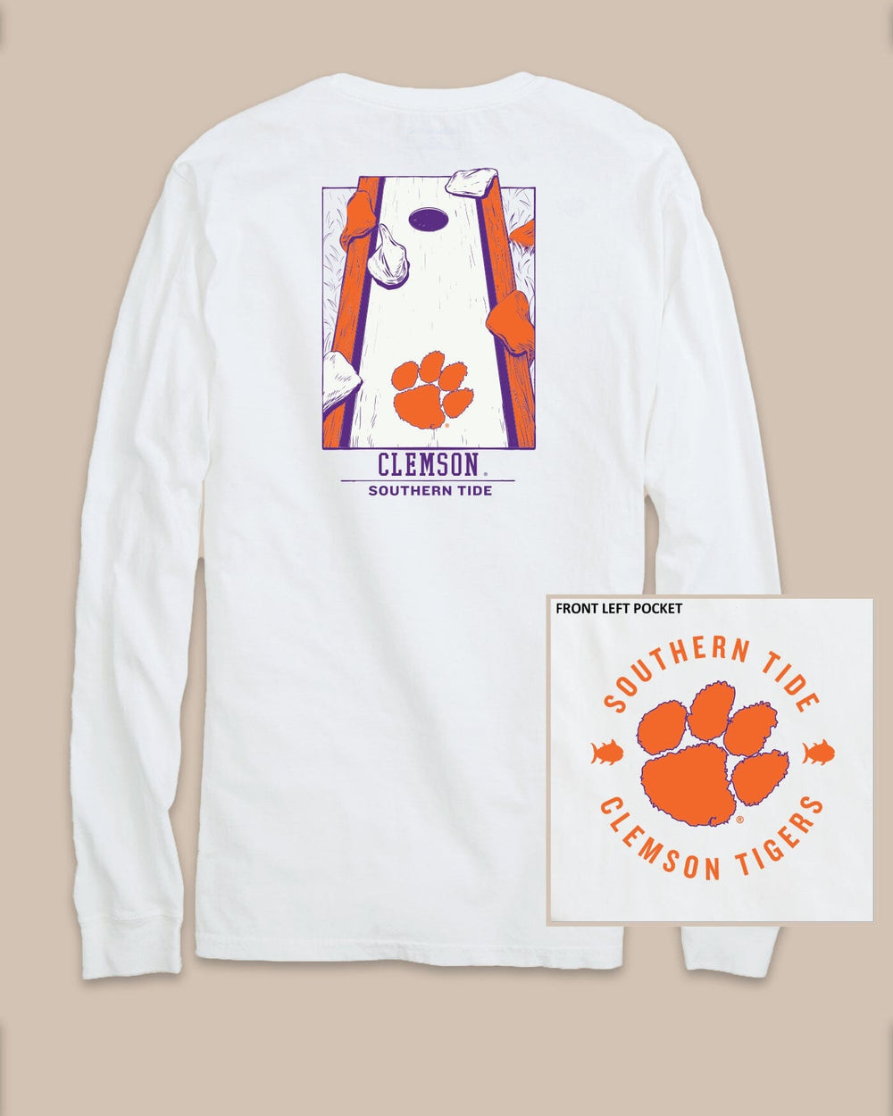 The Back view of the Clemson Tigers Gameday Cornhole Board T-Shirt by Southern Tide - Classic White