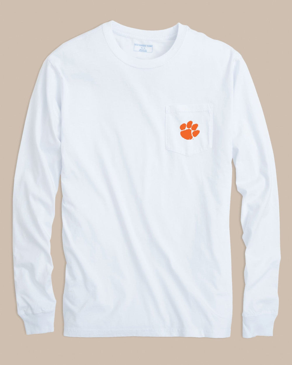 The front view of the Southern Tide Clemson Tigers Gameday Embroidered Long Sleeve T-Shirt by Southern Tide - Classic White