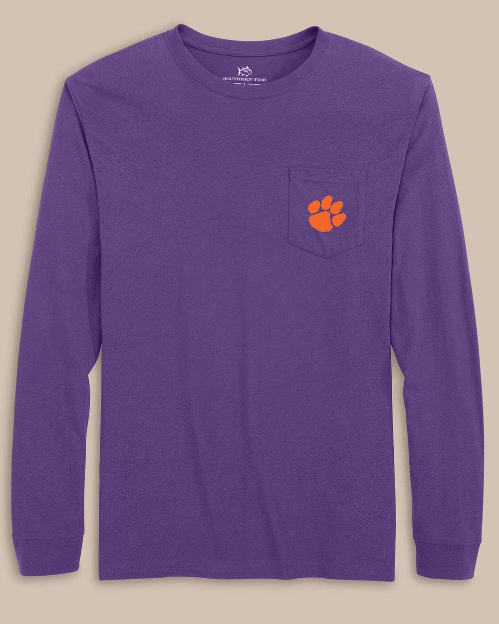 The front view of the Southern Tide Clemson Tigers Gameday Embroidered Long Sleeve T-Shirt by Southern Tide - Regal Purple