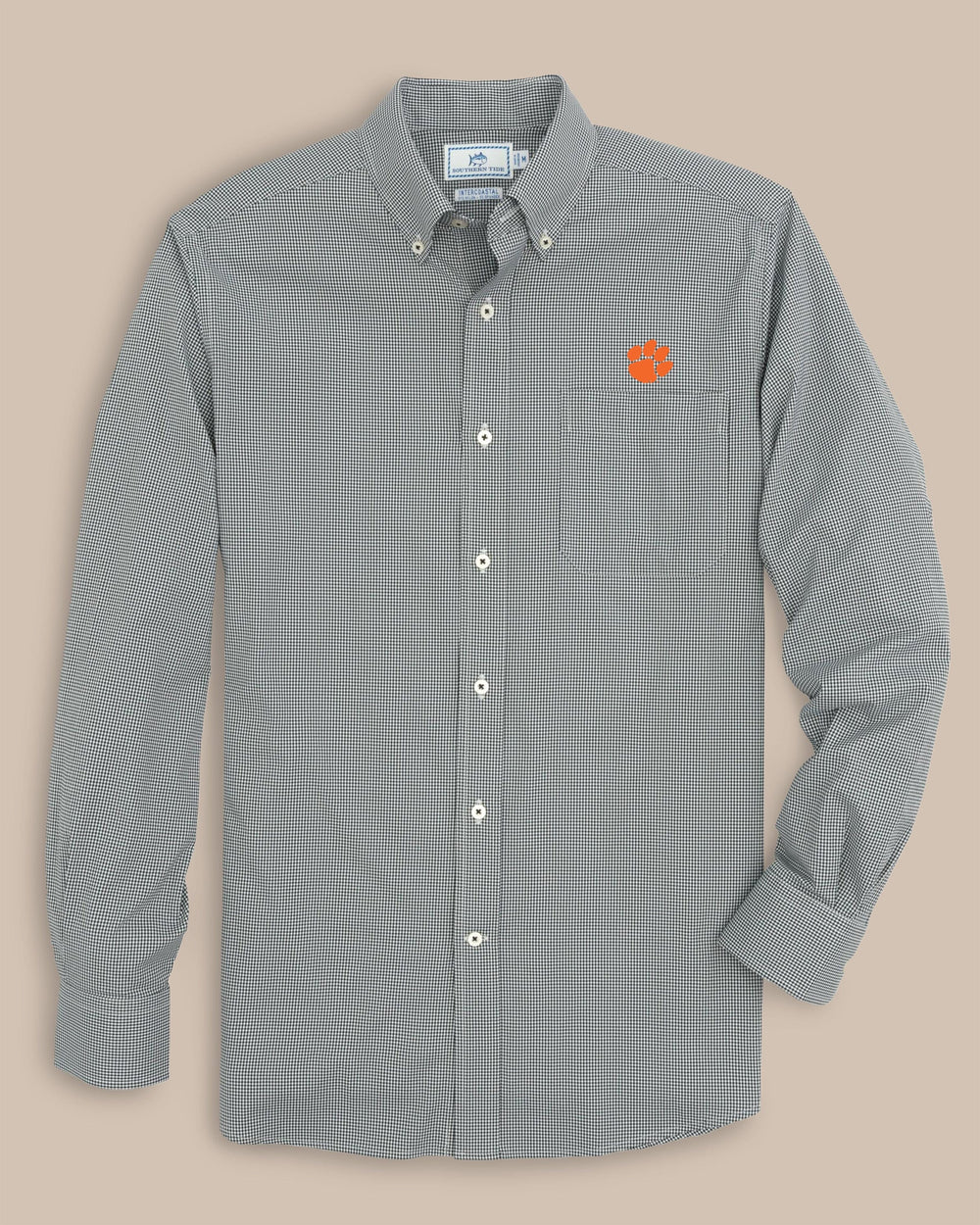 The front view of the Clemson Tigers Gingham Button Down Shirt by Southern Tide - Black