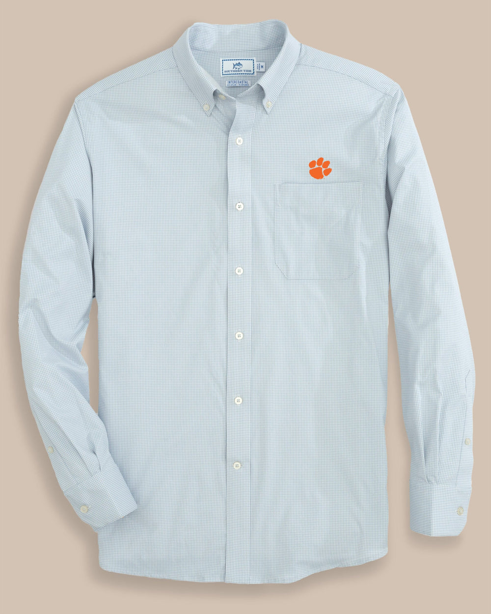 The front view of the Clemson Tigers Gingham Button Down Shirt by Southern Tide - Slate Grey