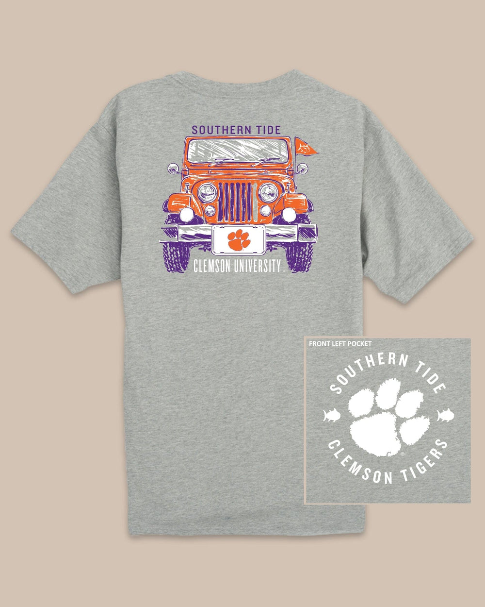 The back view of the Clemson Tigers Heather Front Plate T-Shirt by Southern Tide - Heather Grey