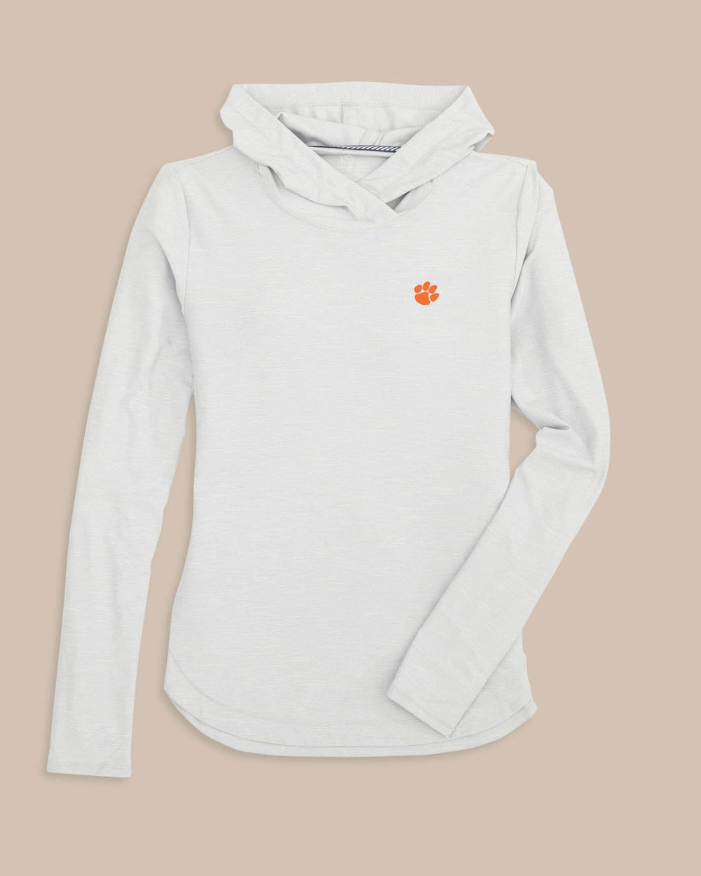 The front view of the Southern Tide Clemson Tigers Linley brrr°®-illiant Performance Hoodie by Southern Tide - Platinum Grey