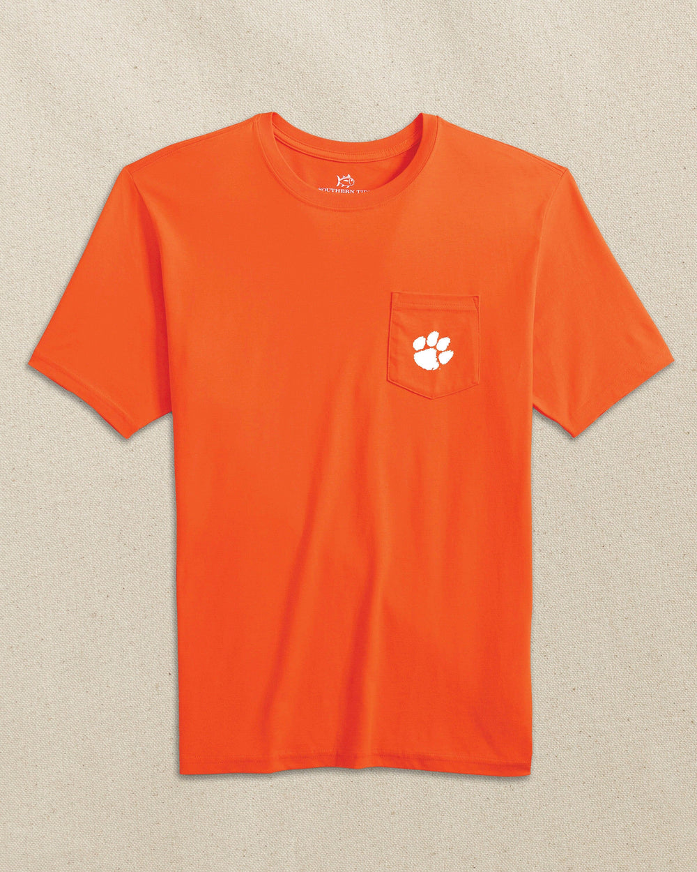 The front view of the Southern Tide Clemson Tigers Skipjack Play Short Sleeve T-Shirt by Southern Tide - Endzone Orange and Regal Purple