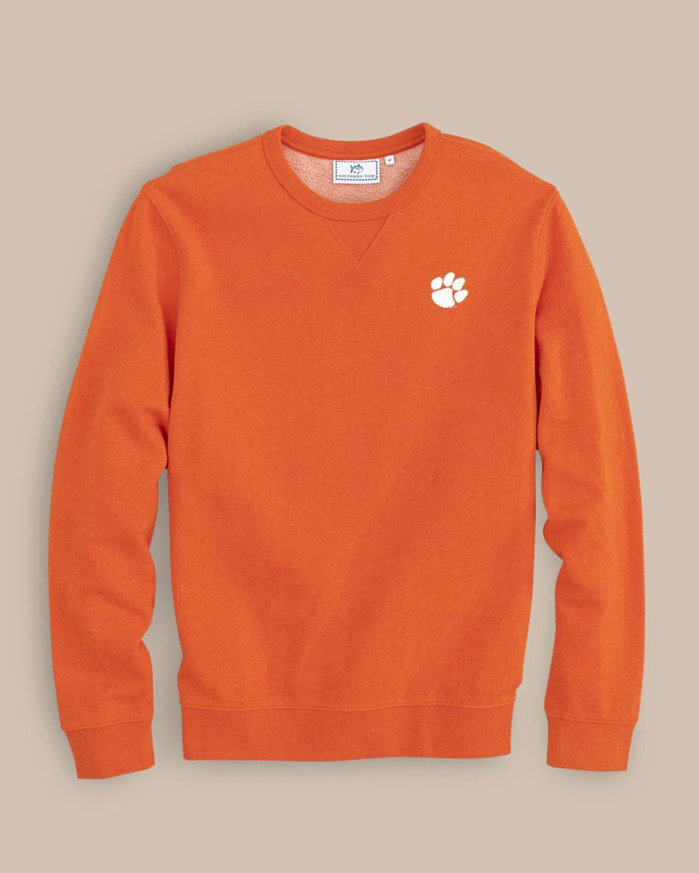 The front of the Clemson Upper Deck Pullover Sweatshirt by Southern Tide - Heather Endzone Orange