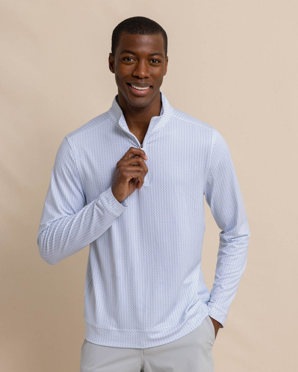The front view of the Southern Tide Clubbin It Print Cruiser Quarter Zip by Southern Tide - Classic White