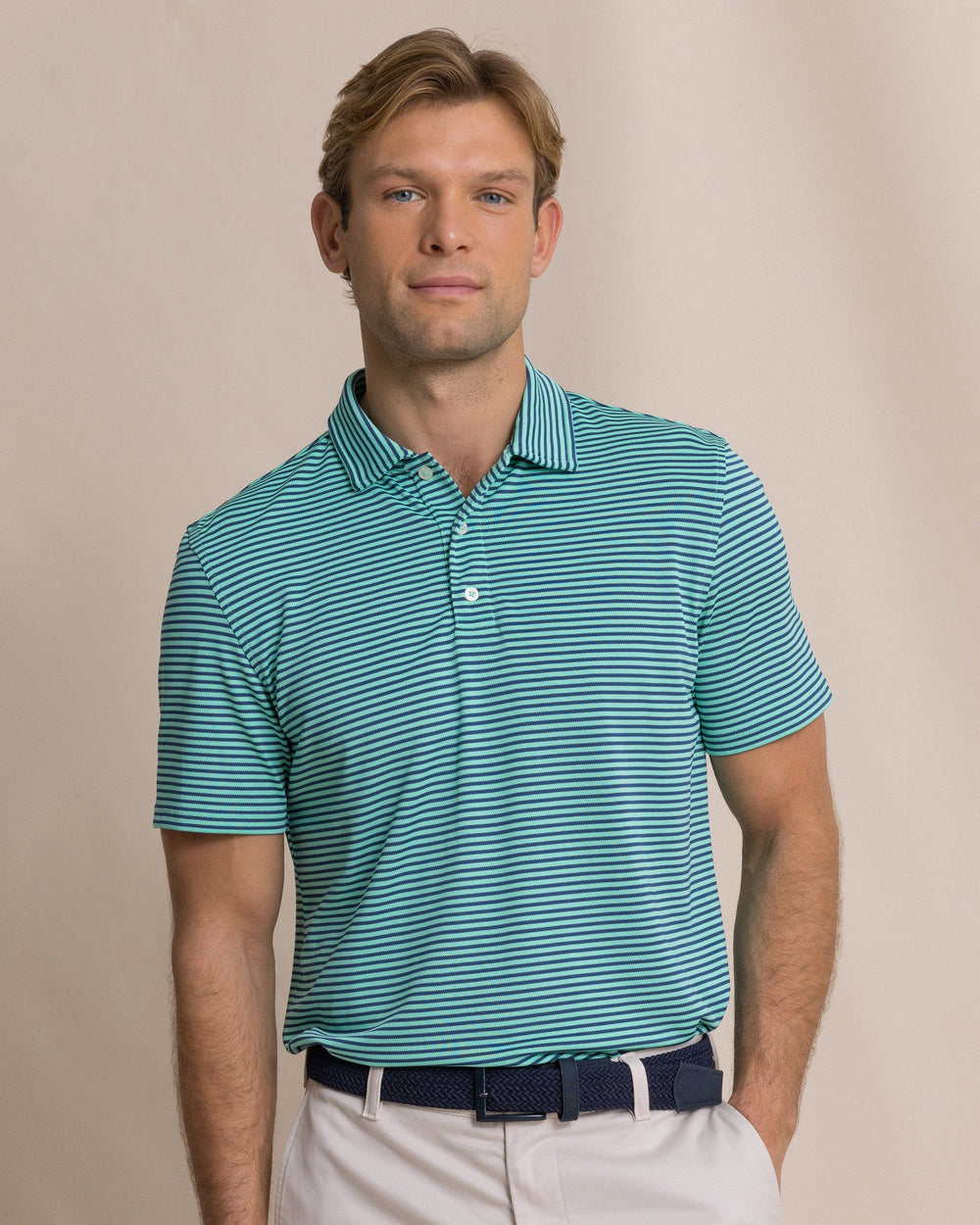 The front view of the Southern Tide Coastal Breeze® Oceanfront Stripe Pique Performance Polo by Southern Tide - Gulf Shores