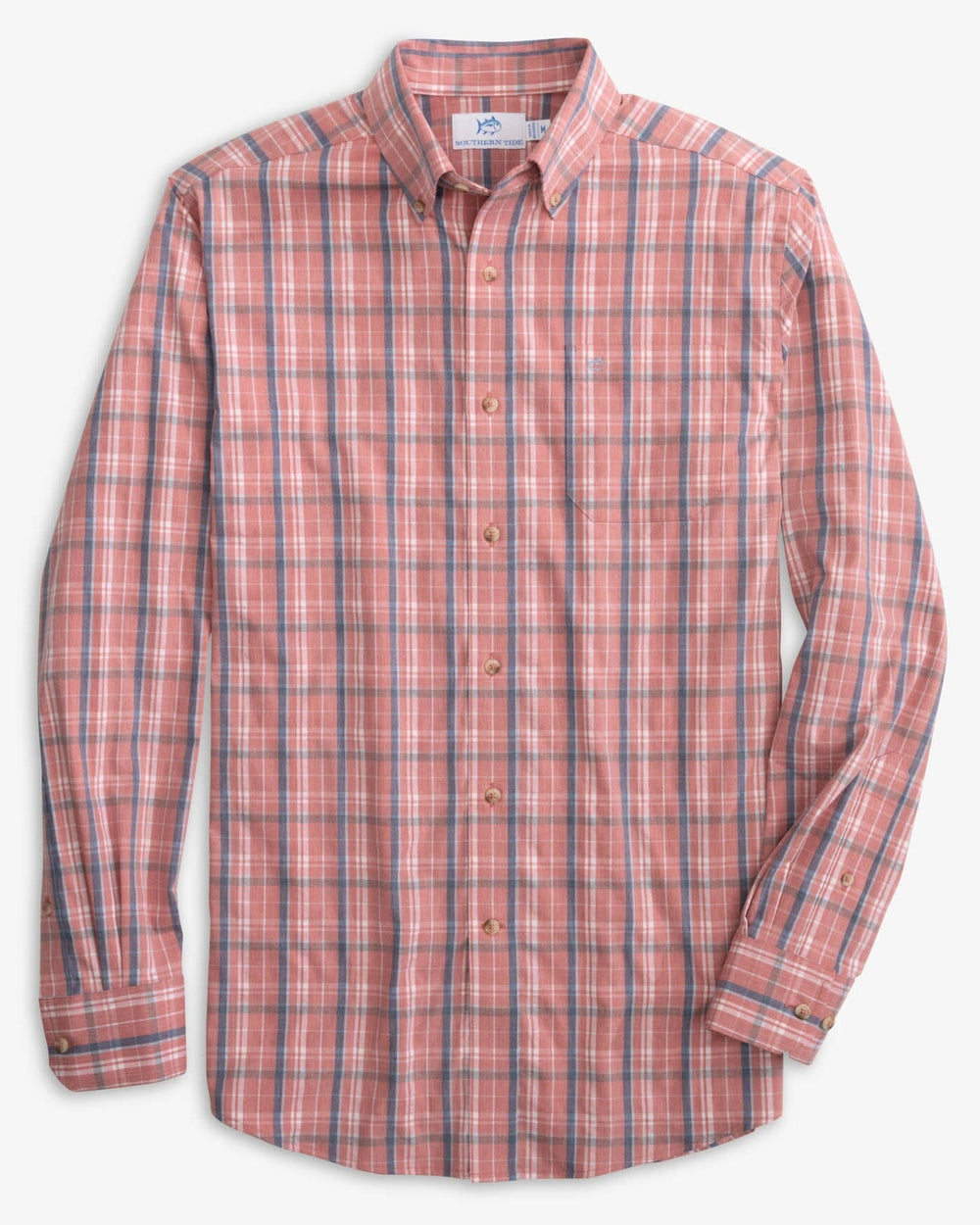 The front view of the Southern Tide Coastal Passage Ashleland Plaid Sport Shirts by Southern Tide - Heather Dusty Coral